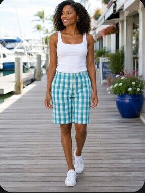 Basic Editions Classic Fit Plaid Bermuda Shorts Size 16 Turquoise Blue Yellow Co